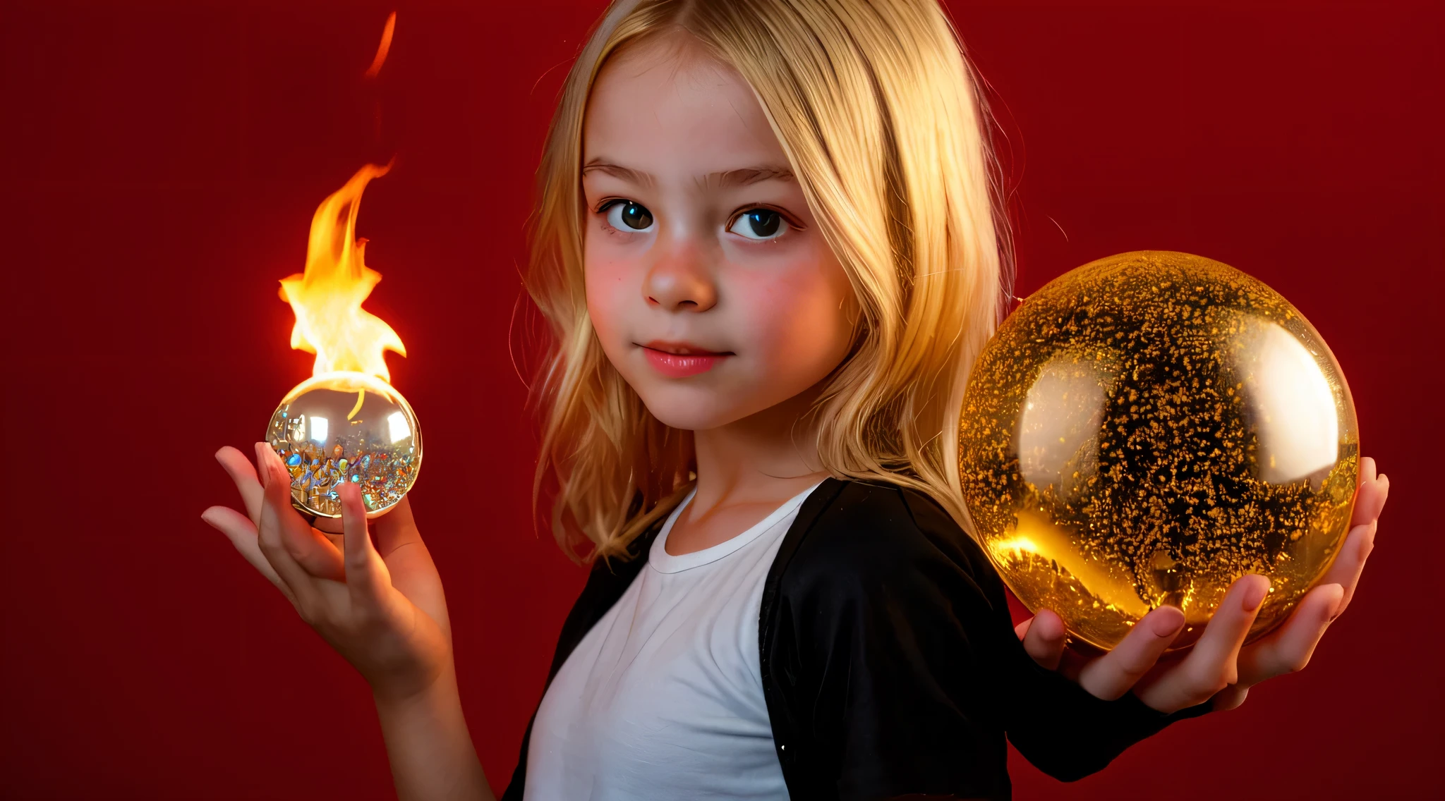 BLONDE KIDS GOLDEN ANGEL GIRL with a flaming crystal ball in her hand. fundo vermelho
