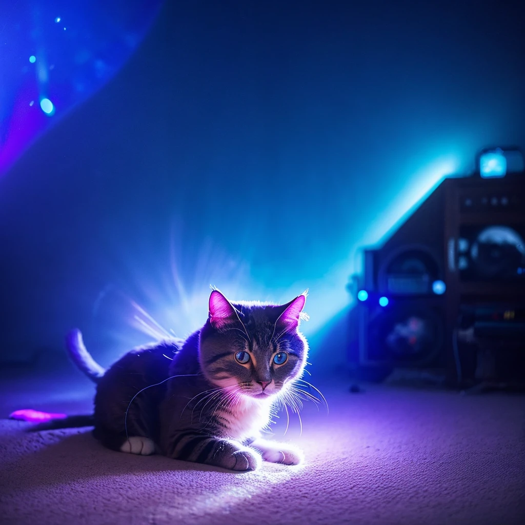 There is a cat in the background with bursts of blue and purple light.