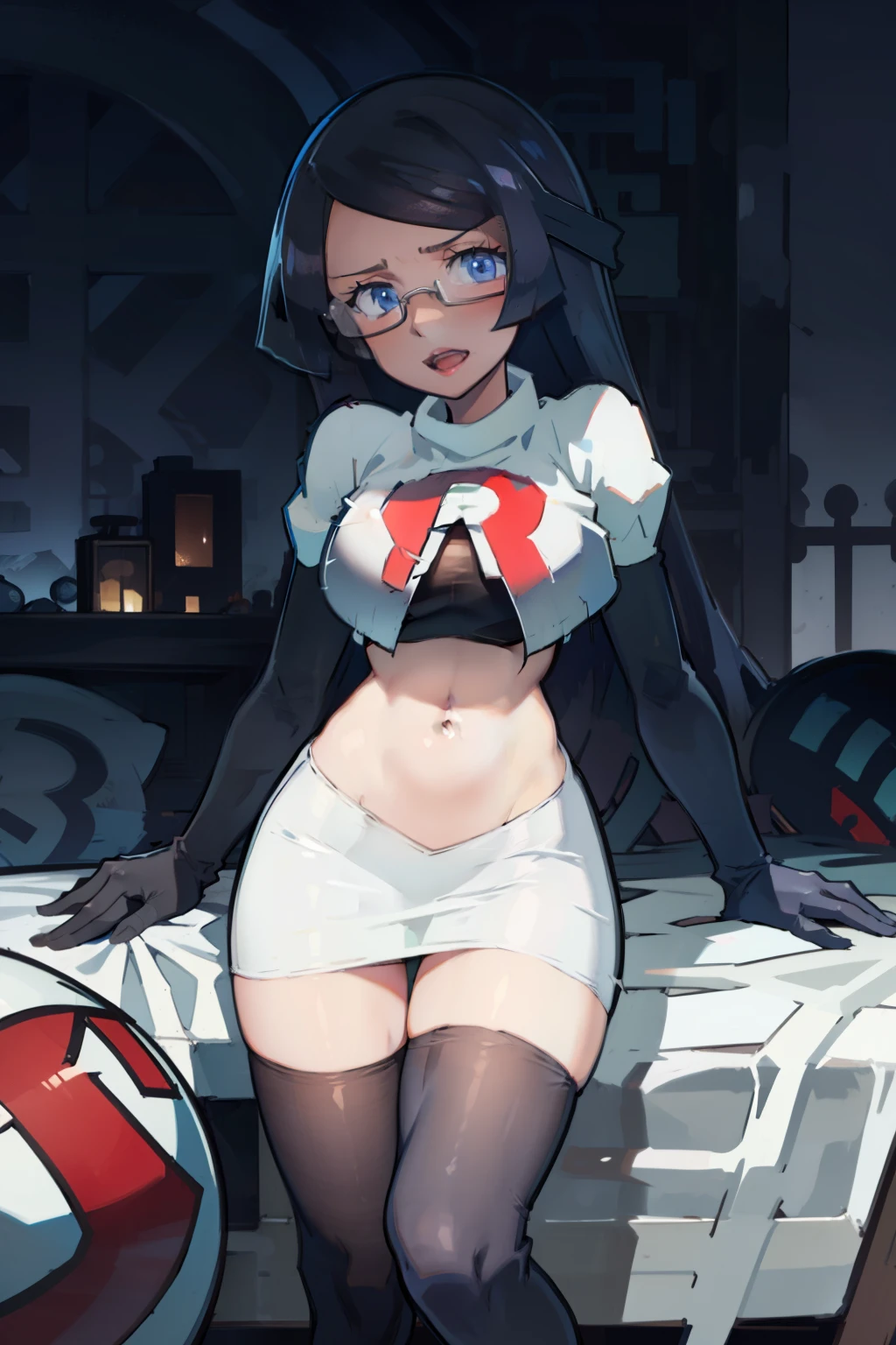 fennel_pk, glasses, team rocket,team rocket uniform, red letter R, white skirt,white crop top,black thigh-highs,black elbow gloves, sinister villianess look,