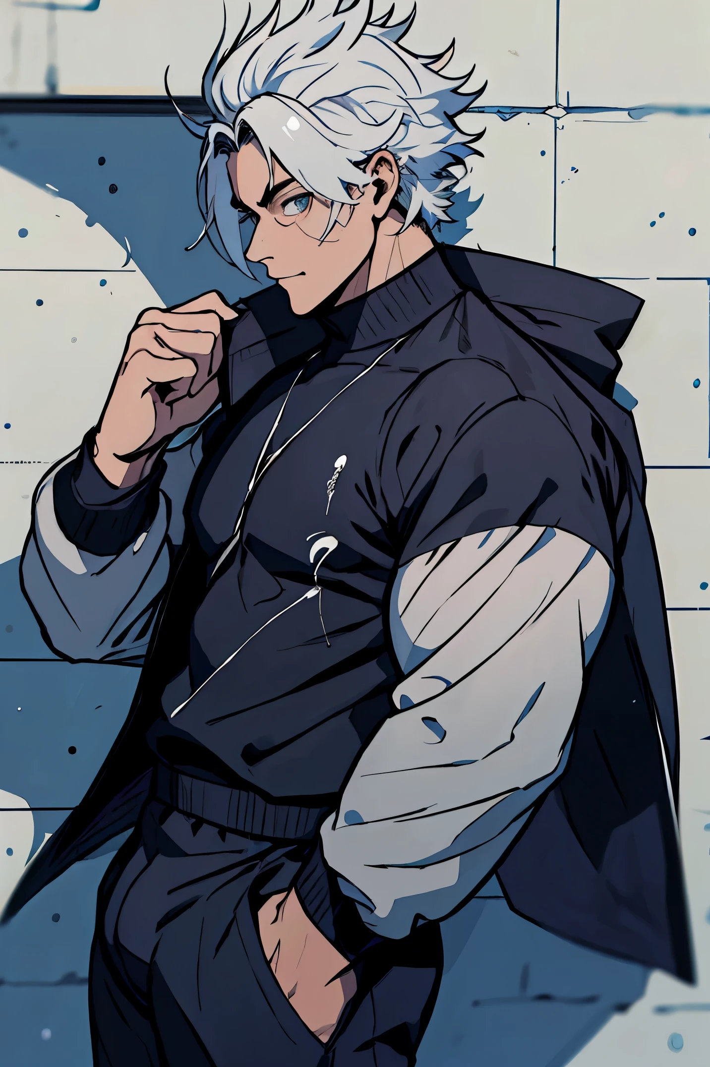 Macho bonito, ele tem cabelo branco, quase sempre despenteado, e sempre penteado pra cima,tip cabelo do personagem Satoru Gojo do anime Jujutso Kaisen, mas tem um certo olhar para ele. He's tall, com ombros largos, musculoso. His face is very masculine, mas ele tem olhos realmente gentis. Olhos azuis cristalinos extremamente atraentes,cara de cafajeste, The eyelashes as well as the hair and eyebrow are white as snow,mas sem exagerar. large bulge. pants pants. camisa de gola alta e preta,um homem muito atraente.