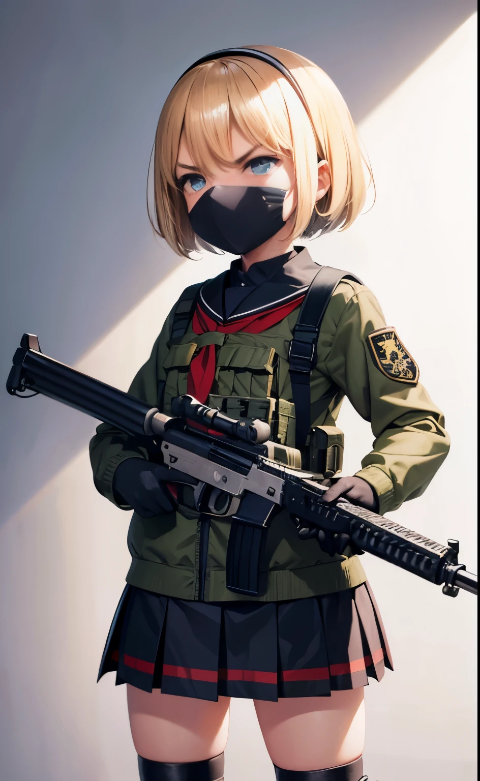Ultra detalhada , child girl , infant body , short blonde hair , angry face menacing mask , schoolgirl uniform colete aprova de balas militar estilo , katana , cinto-de-utilidades coldre pistola , botas militares , ammo