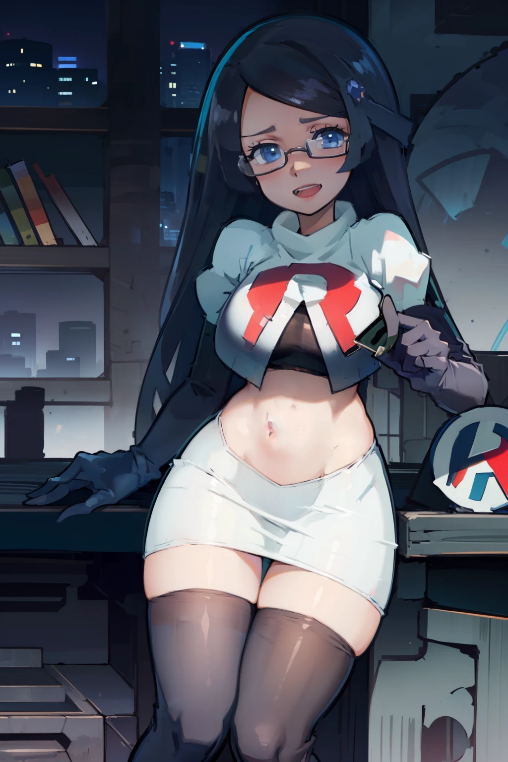 fennel_pk, glasses, team rocket,team rocket uniform, red letter R, white skirt,white crop top,black thigh-highs,black elbow gloves, sinister villianess look,