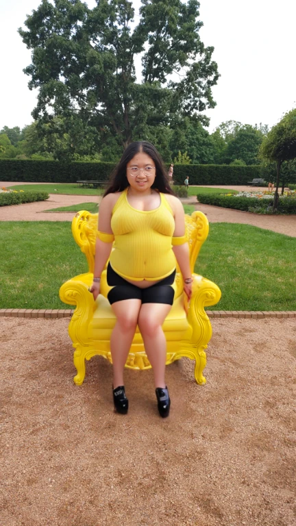 there is a woman standing in front of a yellow bench, sitting in a plastic throne, sitting on an royal throne, sitting on a throne, sitting in a gilded throne, sitting on intricate throne, sitting on an ornate throne, sitting on a golden throne, sitting on the throne, sitting on throne, sitting on golden throne, sitting on the porcelain throne, Big tits, huge tits, no clothes, sexy, cute, wide hips, thick thighs, pear-shaped body, minimal clothes, thick, bbw, chubby stomach, wearing a yellow shirt, wearing black shorts