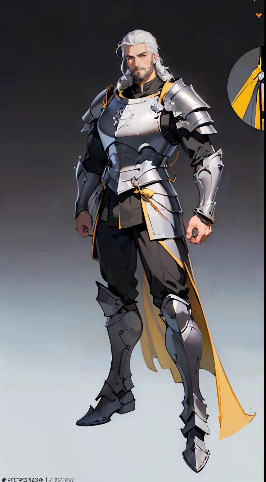 ((masterpiece,best quality,8k,highres,HDR)),((character concept art)), 1 male, middle-age , Paladin, 200cm tall, gentle smile, warm smile, incredible body build((burly, muscular)), ultra finely detailed eyes (yellow eyes colour), intricate details, man curly hair (white hair colour), short goatee beard, super finely detailed hands, ultra finely detailed fingers(((ten fingerull paladin armor (black colour outfit), standing still, full body showcase, (show full body), (no logos on background), (no logo), (( background)), ((plain background)), (((empty background)))