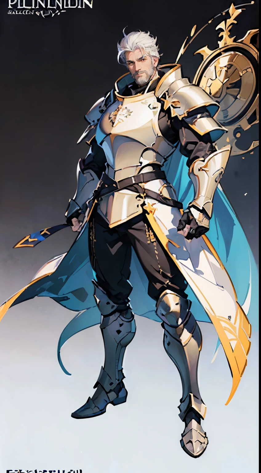 ((masterpiece,best quality,8k,highres,HDR)),((character concept art)), 1 male, middle-age , Paladin, 200cm tall, gentle smile, warm smile, incredible body build((burly, muscular)), ultra finely detailed eyes (yellow eyes colour), intricate details, man curly hair (white hair colour), short goatee beard, super finely detailed hands, ultra finely detailed fingers(((ten fingerull paladin armor (black colour outfit), standing still, full body showcase, (show full body), (no logos on background), (no logo), (( background)), ((plain background)), (((empty background)))