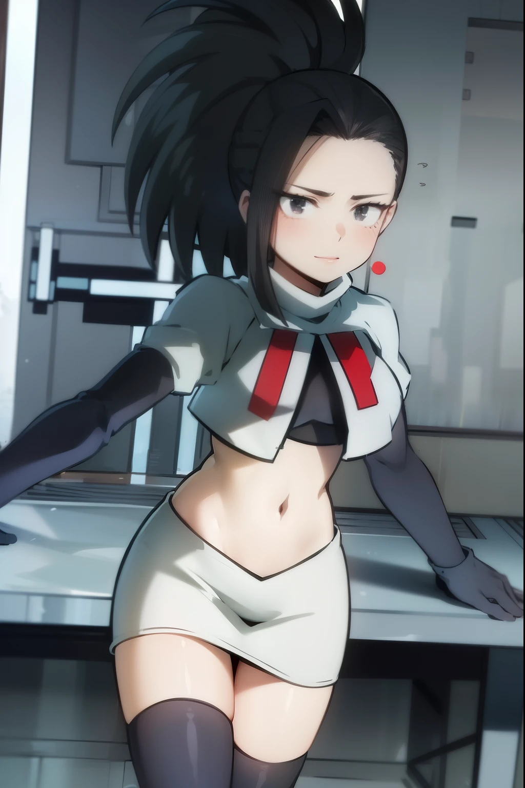 masterpiece, best quality, yaoyorozu momo, 1girl, black eyes, black hair,  ponytail, long hair, hair pulled back,team rocket,team rocket uniform, red letter R, white skirt,white crop top,black thigh-highs,black elbow gloves