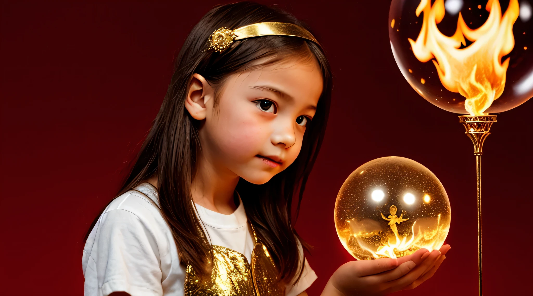 READHEAD KIDS GOLDEN ANGEL GIRL with a flaming crystal ball in her hand. fundo vermelho