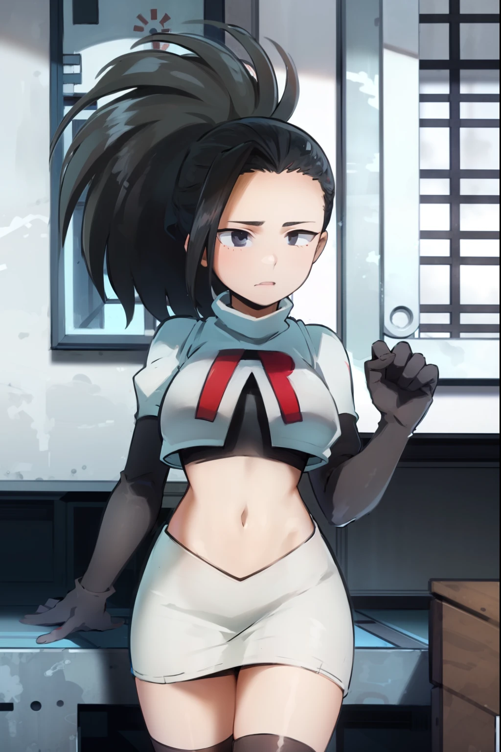 masterpiece, best quality, yaoyorozu momo, 1girl, black eyes, black hair,  ponytail, long hair, hair pulled back,team rocket,team rocket uniform, red letter R, white skirt,white crop top,black thigh-highs,black elbow gloves