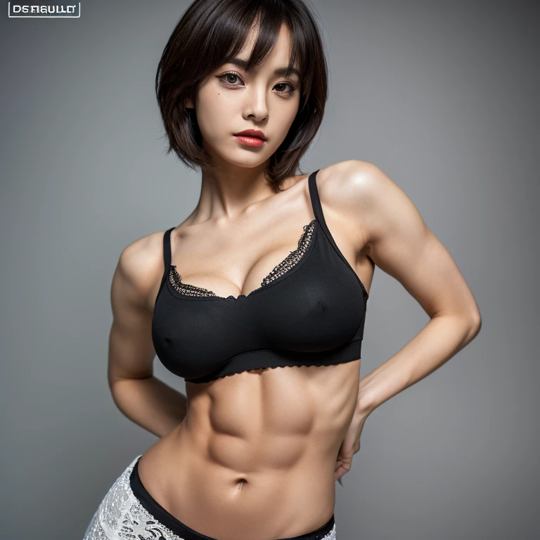 (((Her genitals are full of meat, Her panties are wedged in her pussy crack, And her genitals are swollen cameltoe(0.3),Camouflage Camouflage))), (In 8K, Highest quality, masterpiece:1.2), (Realistic, Realistic:1.37), ((She is look forward to and looking at me)),Very detailed,The background is all gray walls ,1 person,Japan 45 years old、Mature Woman, Black Hair, ((Her hairstyle is a (short hair: 1.2))), (Look up at the viewer from below),look forward to , She's tired(He has a scary face glaring angrily at the viewer.),The woman is in a squatting position with her legs spread apart. ,Well-proportioned and beautiful figure,The beauty of trained muscles,Abdominal muscles,She has her hands behind her head and is showing off her sexy muscles.,Show off your muscular body、(Lingerie that was two sizes too small for her), (大前提として下着はNo fabricのSee through,Reveal lingerie), SS navy blue See through small cup See through sexy bra,Panties are 3 sizes smaller than body size SSSize Wear Contents:紺色のTバックNo fabric紐,Front part(No fabric)See throughナイロン製そしてpussy musclesに食い込む.(( See throughメコ筋(0.1) showing the swollen pubic area and pubic hair ))Ultra-thin nylon, See through, Super High Cut, (((The front part of the panties is ultra-small width 5cm×Horizontal 5cm×2cmInverted triangle bikini with slits in the genitalsVI am only a translate agent(0.3)is sticking out)))is a sexy shot,Sexy stockings with a navy blue 4-strap garter belt on a black background,