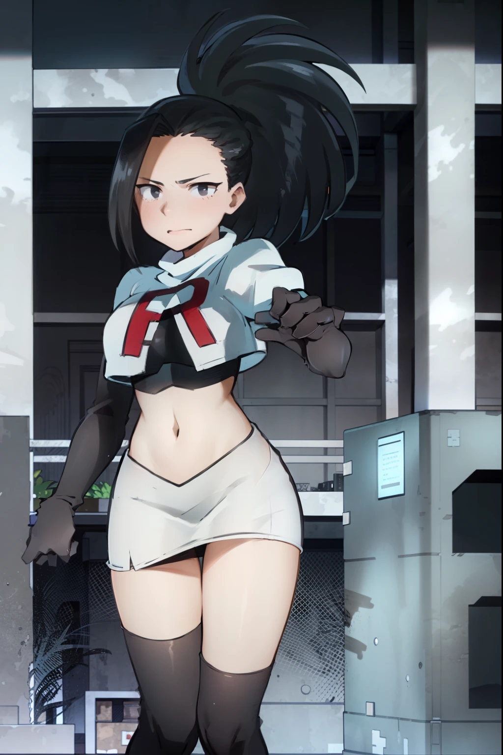 masterpiece, best quality, yaoyorozu momo, 1girl, black eyes, black hair,  ponytail, long hair, hair pulled back,team rocket,team rocket uniform, red letter R, white skirt,white crop top,black thigh-highs,black elbow gloves