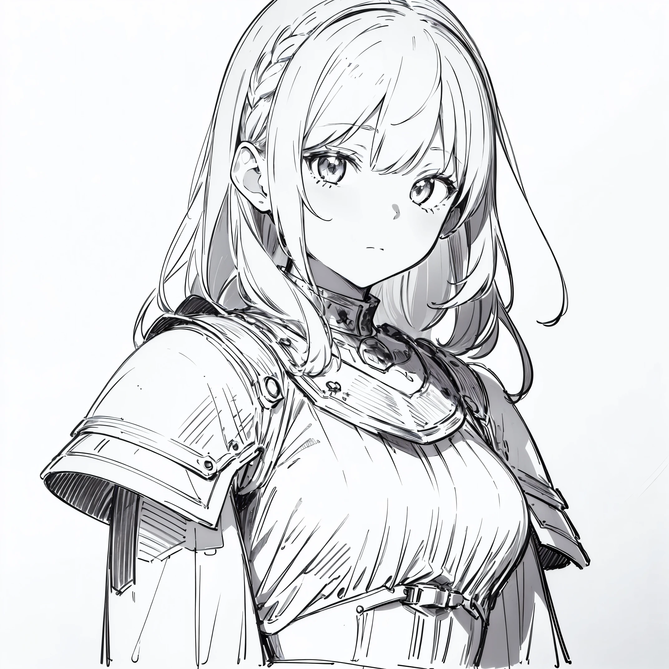 ((masterpiece)),(((best quality))),((((sketch)))),((monochrome)),(character design sheet), same character, front, side, back), illustration, (1 girl), hair color, bangs, hairstyle fax, (armor style), (simple background, white background: 1.3), --6