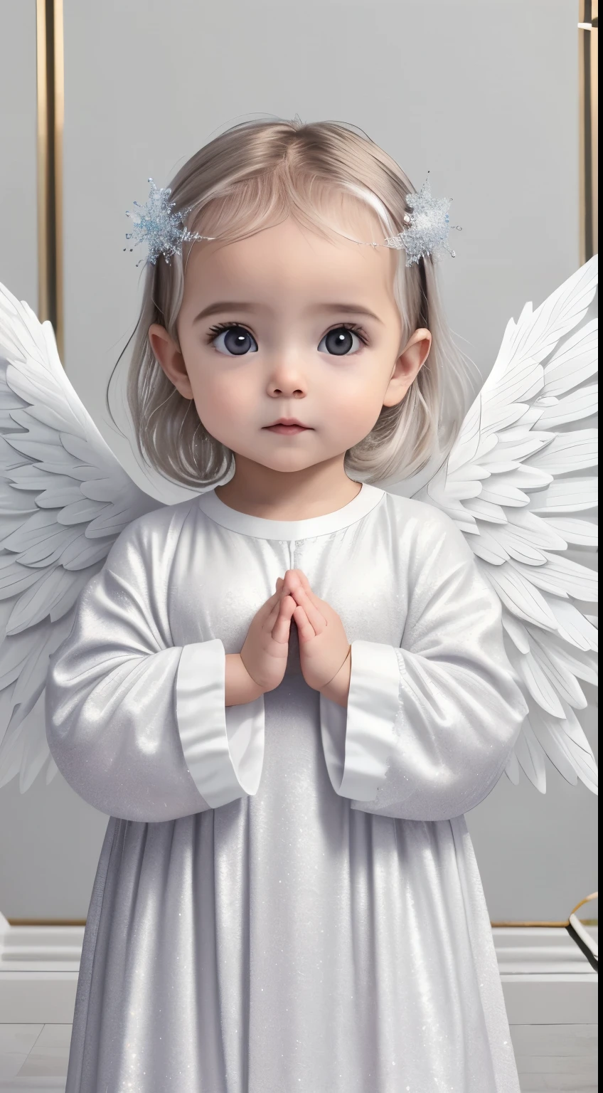 Create a scene of a 1 month old baby, Newborn baby, com cabelos loiros ondulados, cabelo loiro, realistic and with angelic wings for prayer videos. hands in prayer position, The baby must be standing, with a calm expression, vestido com roupas de anjo e staring directly at camera com os olhos abertos. Roupas de anjo branca cintilante(glitter branco). As asas do anjo devem ser delicadas e brancas, fixed on the child. Baby in a Celestial Environment, com uma suave luz dourada ao seu redor, evocando uma atmosfera de paz e espiritualidade, creating a sense of serenity, Hope and divine protection. In the image there is only a single baby. Concentre-se em capturar detalhes realistas, Por favor, Look up at the camera. foco frontal, staring directly at camera. 8k, Ultra realista (Facing the camera squarely, foco frontal)