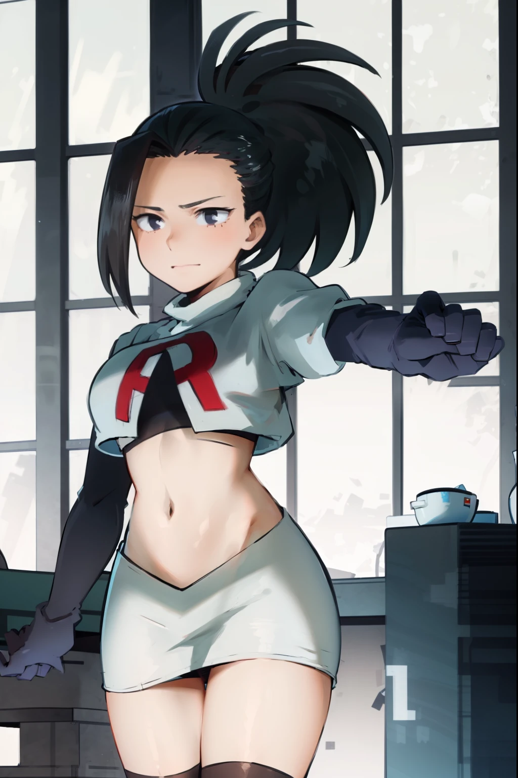 masterpiece, best quality, yaoyorozu momo, 1girl, black eyes, black hair, ponytail, long hair, hair pulled back,team rocket,team rocket uniform, red letter R, white skirt,white crop top,black thigh-highs,black elbow gloves