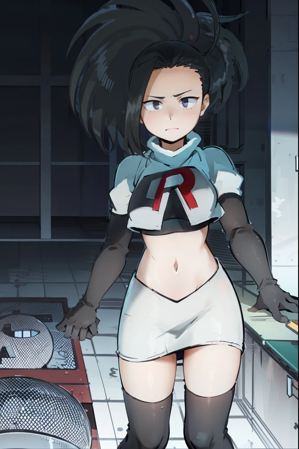 masterpiece, best quality, yaoyorozu momo, 1girl, black eyes, black hair,  ponytail, long hair, hair pulled back,team rocket,team rocket uniform, red letter R, white skirt,white crop top,black thigh-highs,black elbow gloves