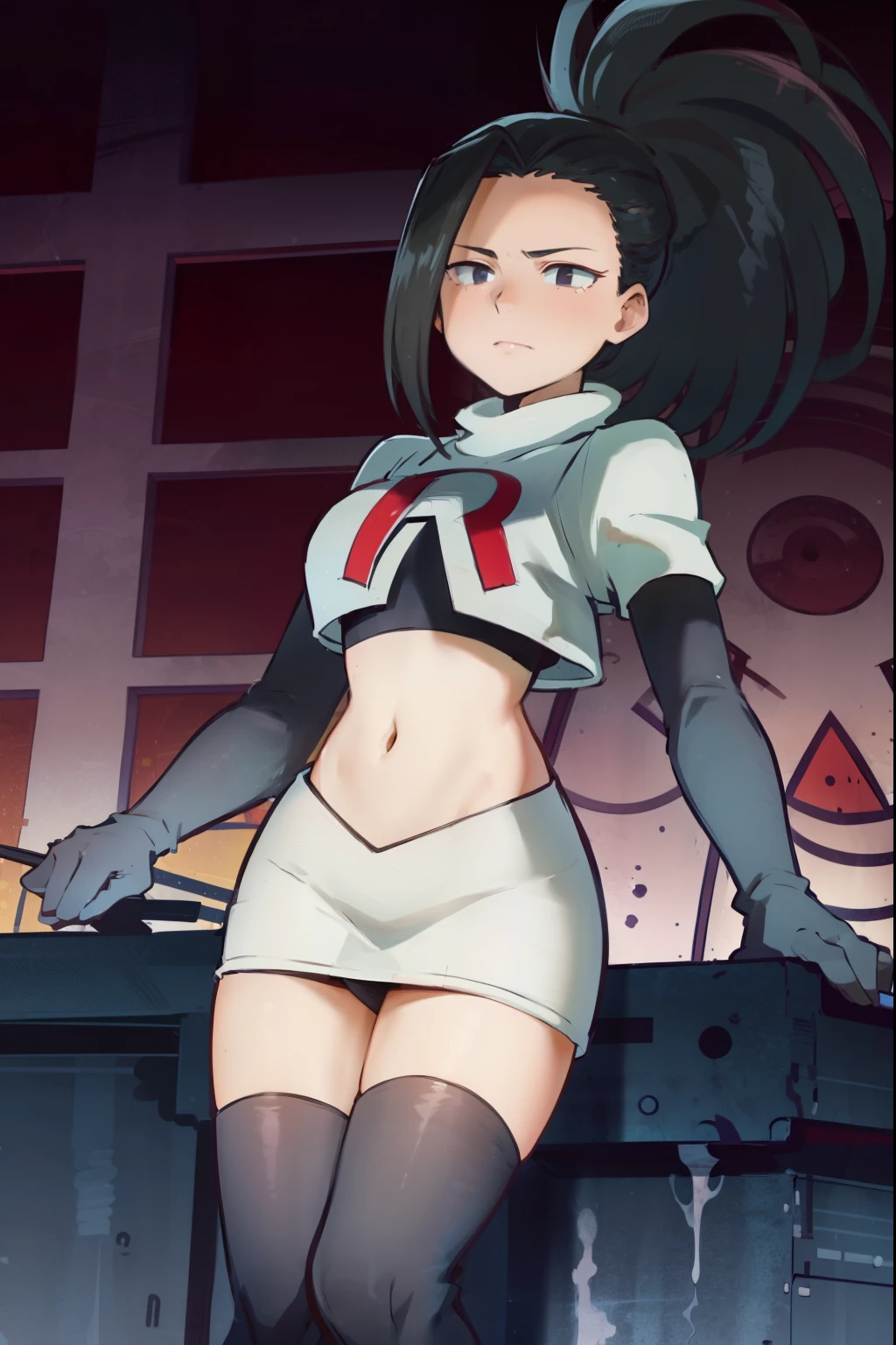 masterpiece, best quality, yaoyorozu momo, 1girl, black eyes, black hair,  ponytail, long hair, hair pulled back,team rocket,team rocket uniform, red letter R, white skirt,white crop top,black thigh-highs,black elbow gloves