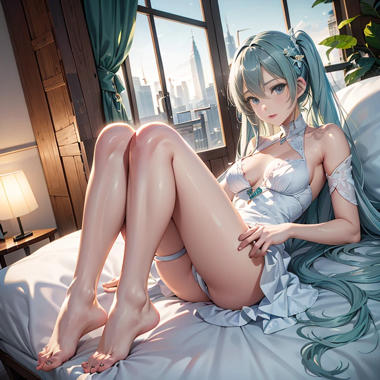 hatsune Miku、(ultra Realistic), (An illustration), (Highres), (8K), (highlydetailed), (the best illustration), (Beautiful Detailed Eyes), (beste Quality), (Super Detailed), (Master peace), (Wallpapers), (Detailed Face), solo, 1girl, Aristocratic dresses、White hair, Iris heterochromatic eyes, small moles under eye, medium chest, Long legs,Stunning composition,Foot braids,Beautiful and detailed legs