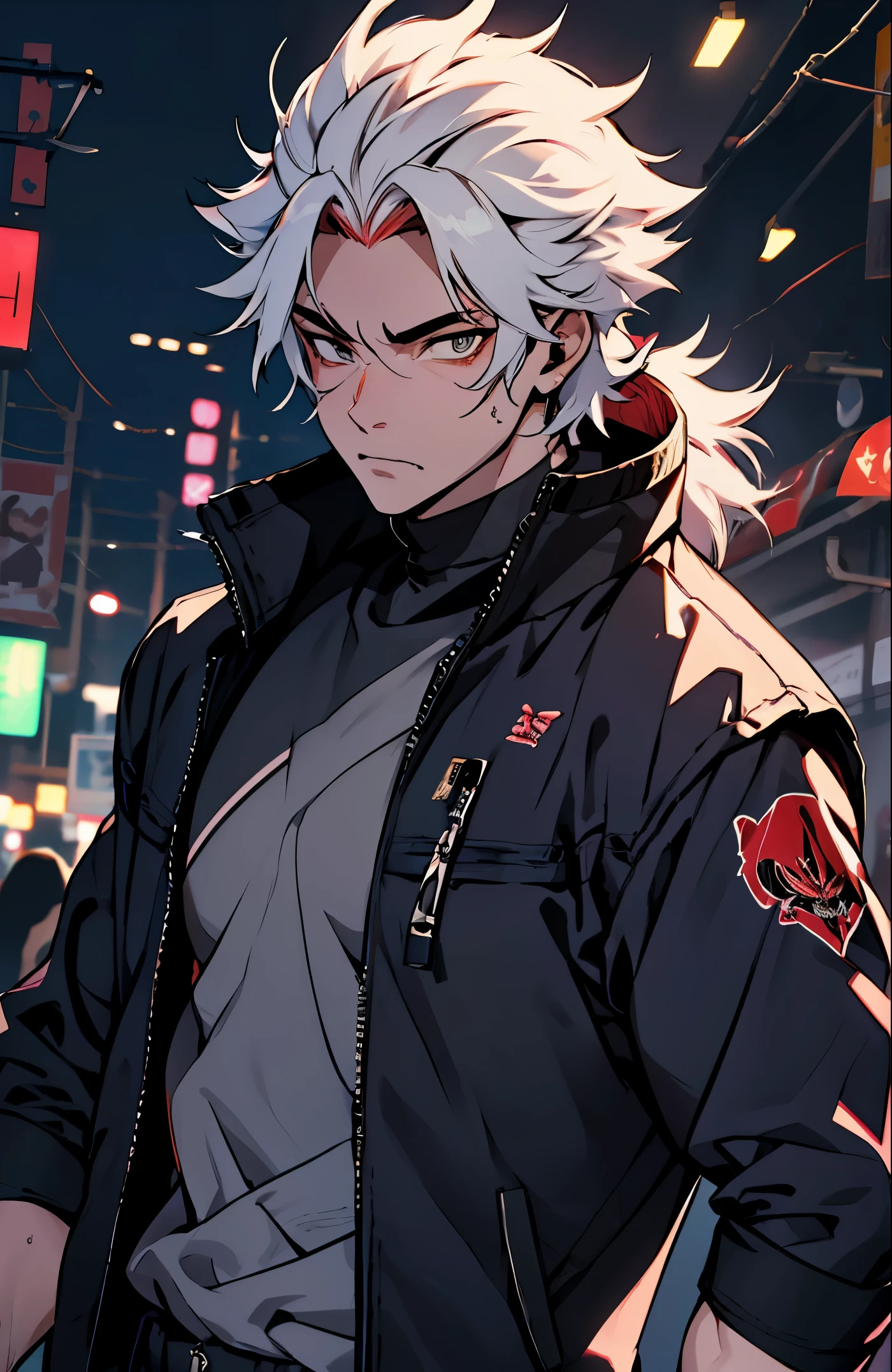 A mais alta qualidade, 8K, image high resolution, estilo anime Jujutsu Kaisen , Detailed strokes, fundo desfocado, natural  lightting, (angulo de perto), 1 homem, jovem, masculo, modelo, desfilando em uma passarela com pessoas assistindo o desfile , musculoso, cabelo vermelho, wearing a cold jacket  , pants marking the crotch, olhos marcantes, with the shirt, swollen chest