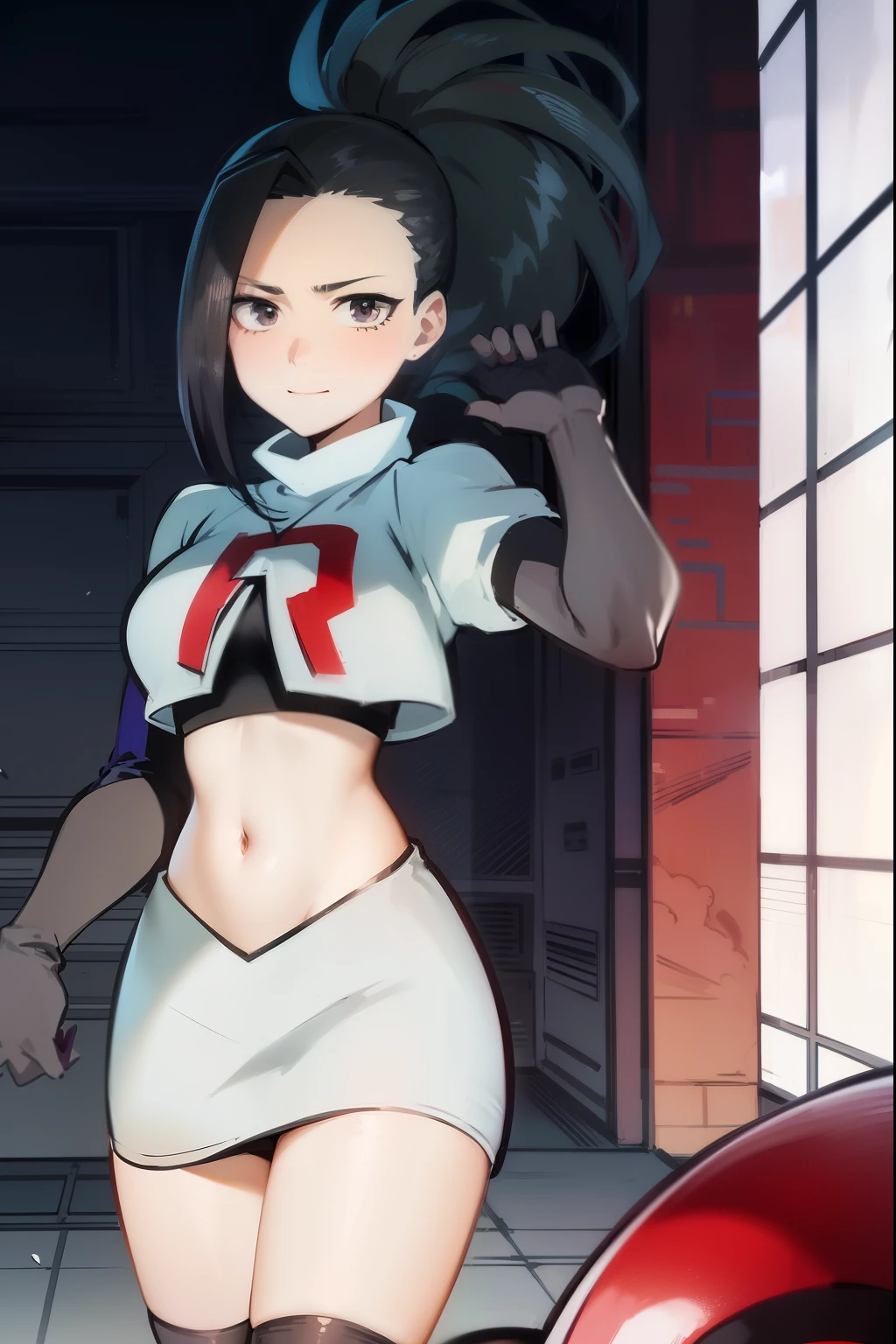 masterpiece, best quality, yaoyorozu momo, 1girl, black eyes, black hair,  ponytail, long hair, hair pulled back,team rocket,team rocket uniform, red letter R, white skirt,white crop top,black thigh-highs,black elbow gloves