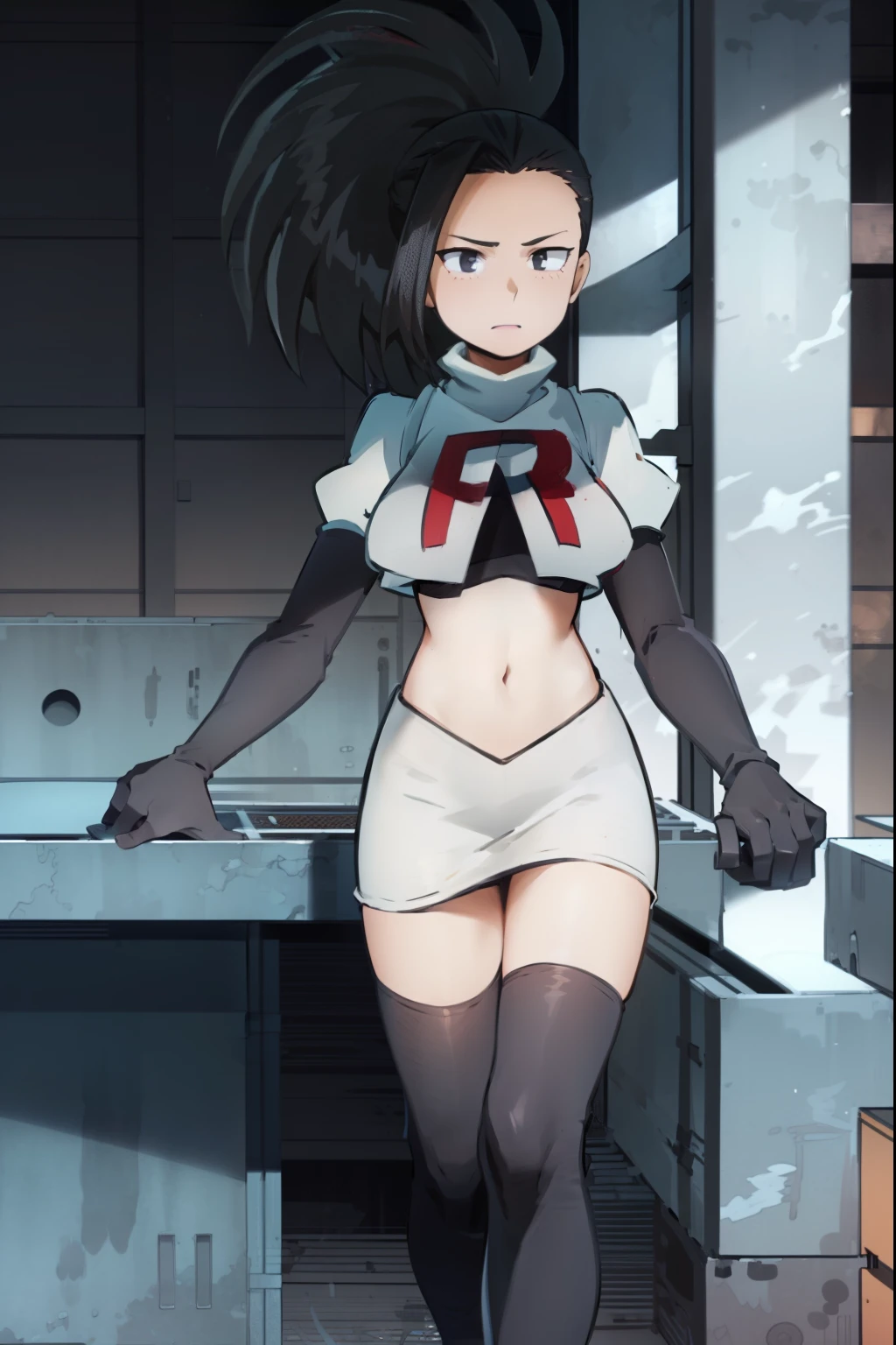 masterpiece, best quality, yaoyorozu momo, 1girl, black eyes, black hair,  ponytail, long hair, hair pulled back,team rocket,team rocket uniform, red letter R, white skirt,white crop top,black thigh-highs,black elbow gloves
