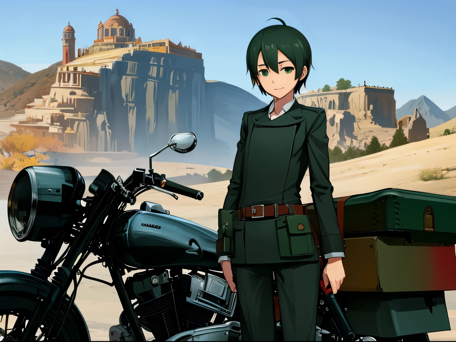 Masterpiece, best quality, long shot, landscape, man driving a motorbike at a station in the desert, kino \(kino no tabi\), kino, man, tomboy, white shirt, green pants, brown shoes, belt with gun holster, leather belt, gun holster, goggles, goggles on head, hermes, motorcycle, BREAK desert, rocks, earth, seen from afar, ((zoom out)),