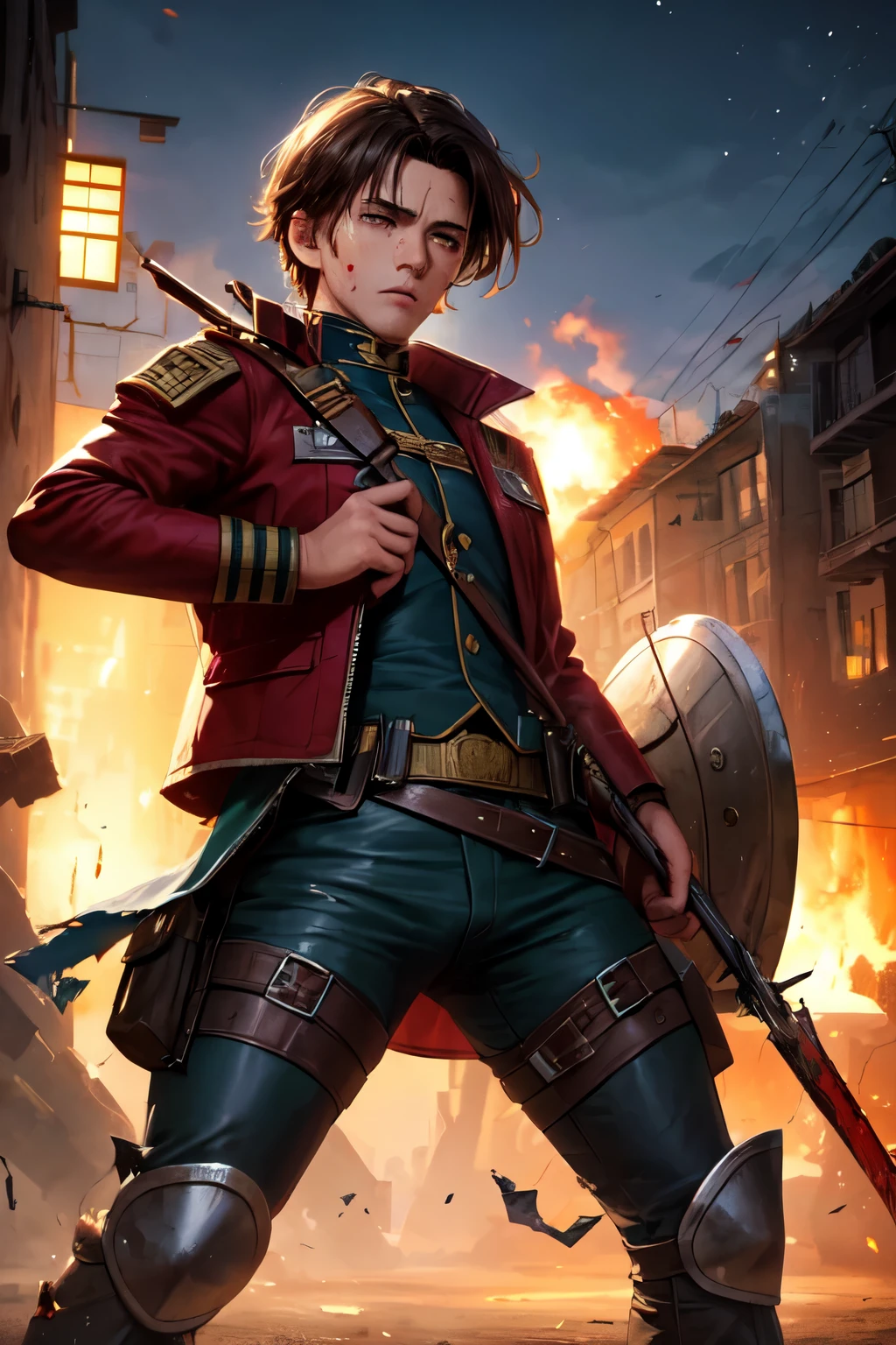 Has a un super soldado, exhausto del kombate, His jacket is full of blood and his shield is damaged., the clothes are damaged and torn, 
Esta exhausto por combatir a muchos zombies