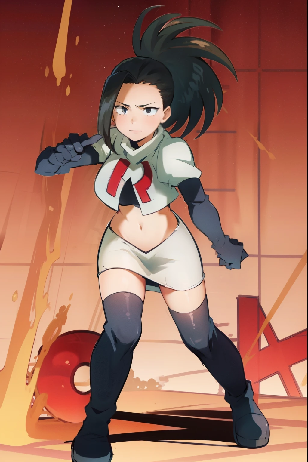 masterpiece, best quality, yaoyorozu momo, 1girl, black eyes, black hair, ponytail, long hair, hair pulled back,team rocket,team rocket uniform, red letter R, white skirt,white crop top,black thigh-highs,black elbow gloves