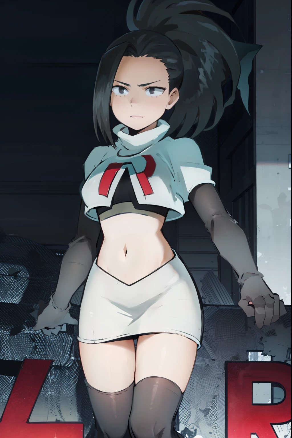 masterpiece, best quality, yaoyorozu momo, 1girl, black eyes, black hair, ponytail, long hair, hair pulled back,team rocket,team rocket uniform, red letter R, white skirt,white crop top,black thigh-highs,black elbow gloves