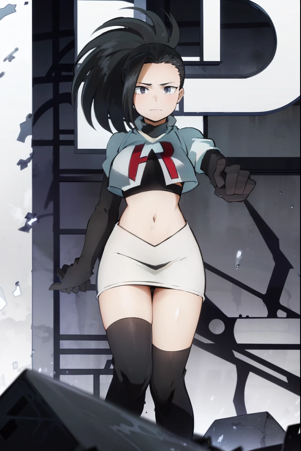 masterpiece, best quality, yaoyorozu momo, 1girl, black eyes, black hair, ponytail, long hair, hair pulled back,team rocket,team rocket uniform, red letter R, white skirt,white crop top,black thigh-highs,black elbow gloves