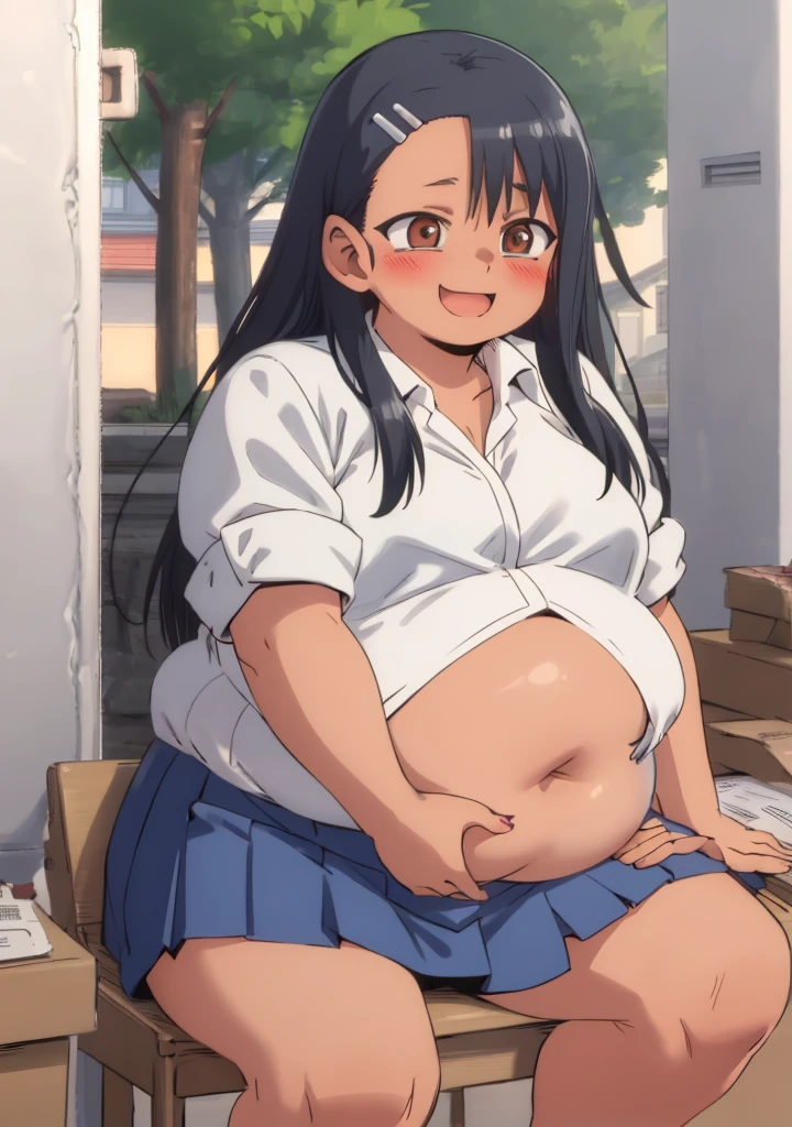 Obese nagatoro hayase, dark skin, blue skirt, obese body, fat arms, fat belly, thick thighs, happy, small breasts, blush, best quality, masterpiece, perfect lighting, rubbing belly, 4K