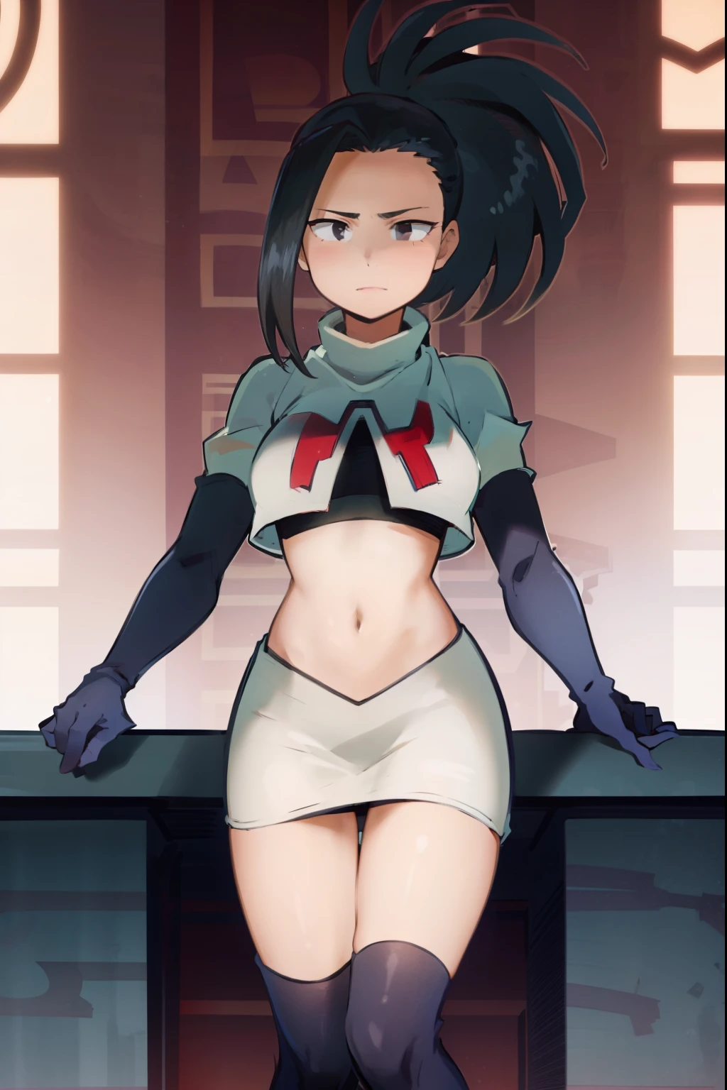 masterpiece, best quality, yaoyorozu momo, 1girl, black eyes, black hair, ponytail, long hair, hair pulled back,team rocket,team rocket uniform, red letter R, white skirt,white crop top,black thigh-highs,black elbow gloves