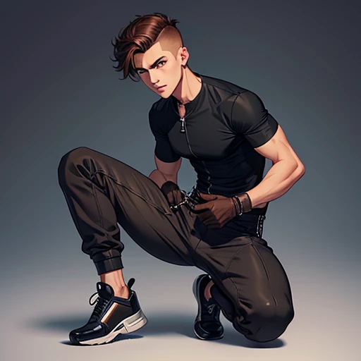 human Male , short Brown hair fade cut , small Gloves , Black Shirt ,Pants , Shoes, zip Shoes ,zip open coet ,