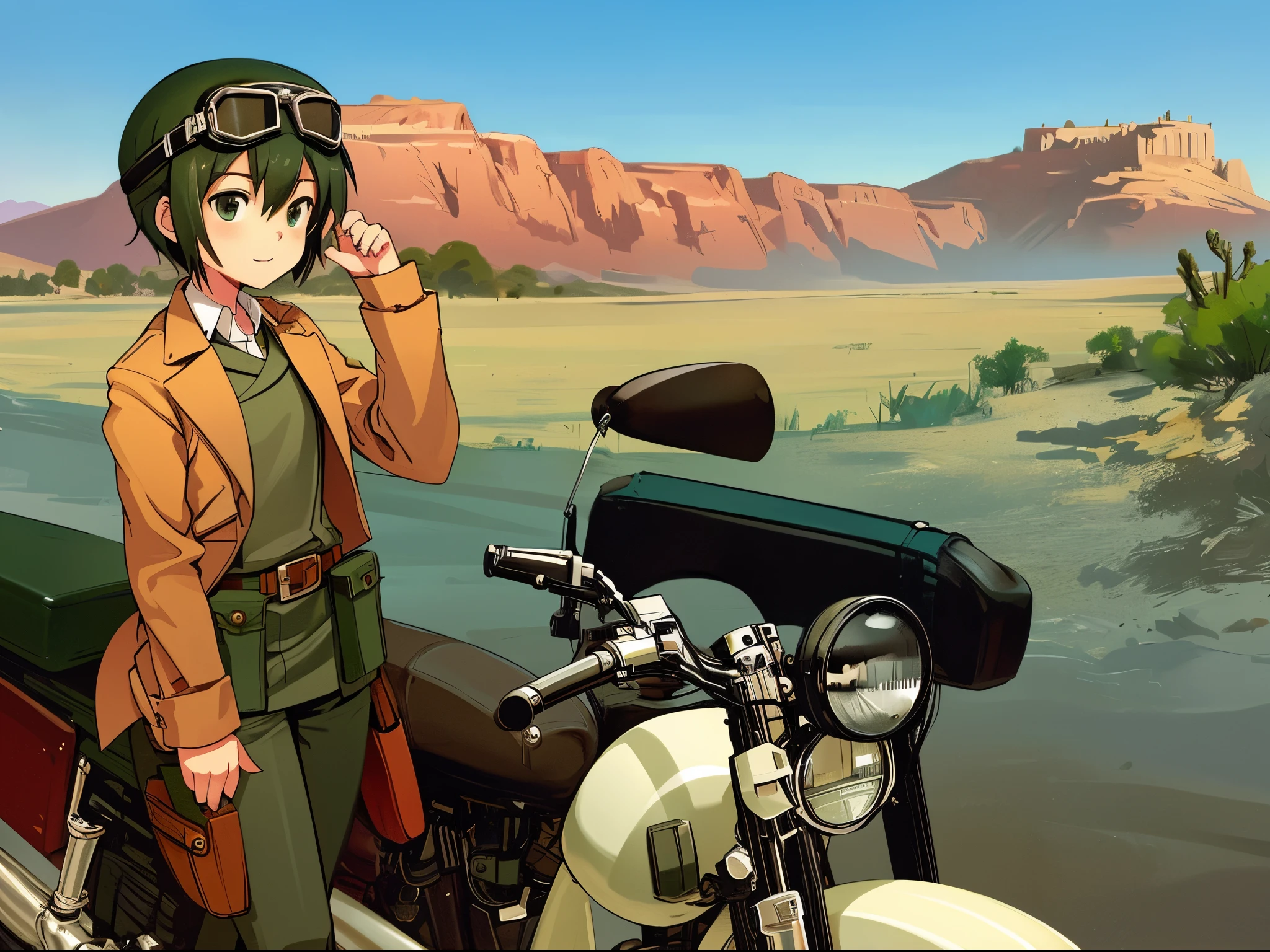 Masterpiece, best quality, long shot, landscape, man driving a motorbike at a station in the desert, kino \(kino no tabi\), kino, man, tomboy, white shirt, green pants, brown shoes, belt with gun holster, leather belt, gun holster, goggles, goggles on head, hermes, motorcycle, BREAK desert, rocks, earth, seen from afar, ((zoom out)),