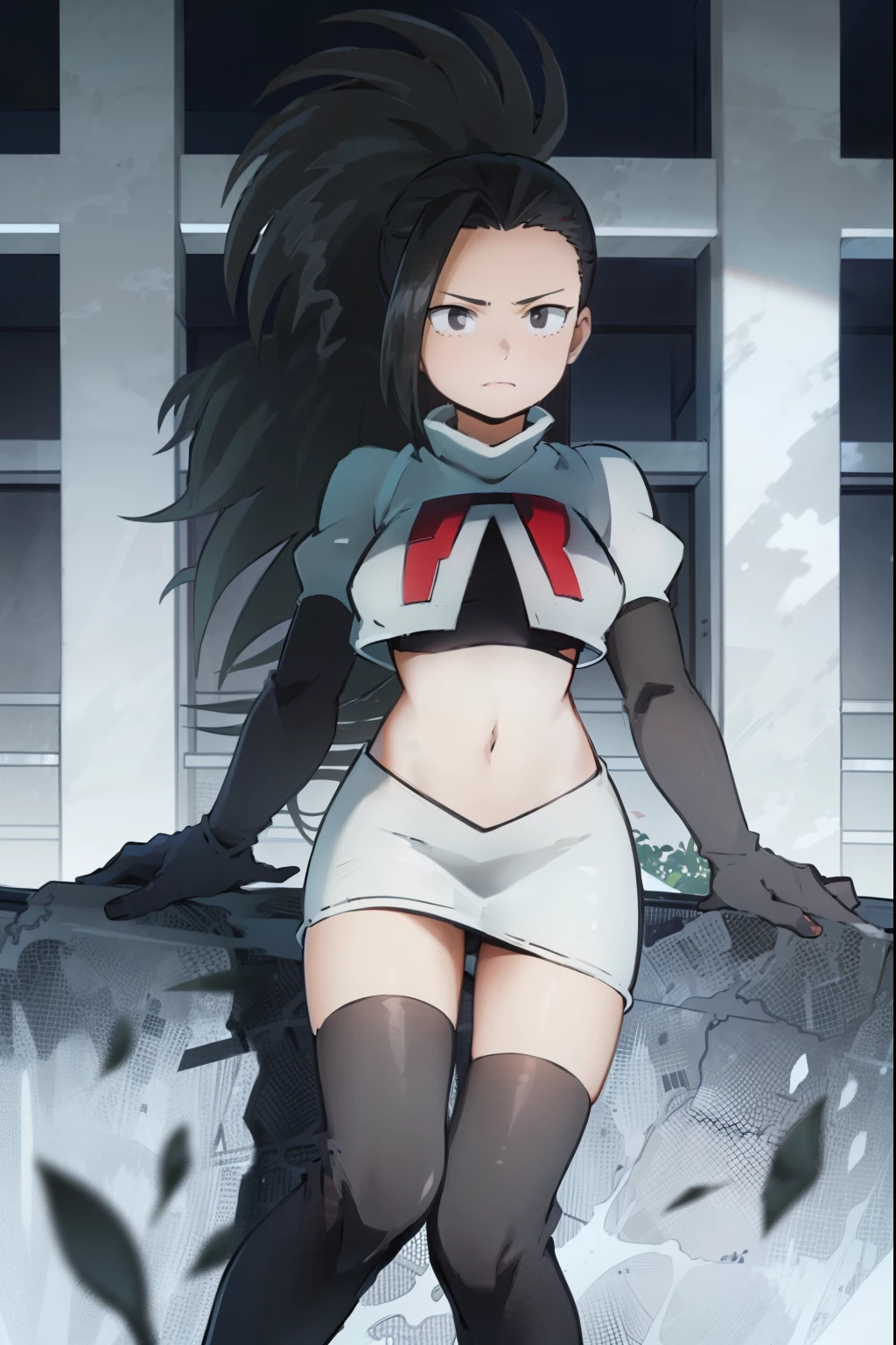 masterpiece, best quality, yaoyorozu momo, 1girl, black eyes, black hair, ponytail, long hair, hair pulled back,team rocket,team rocket uniform, red letter R, white skirt,white crop top,black thigh-highs,black elbow gloves