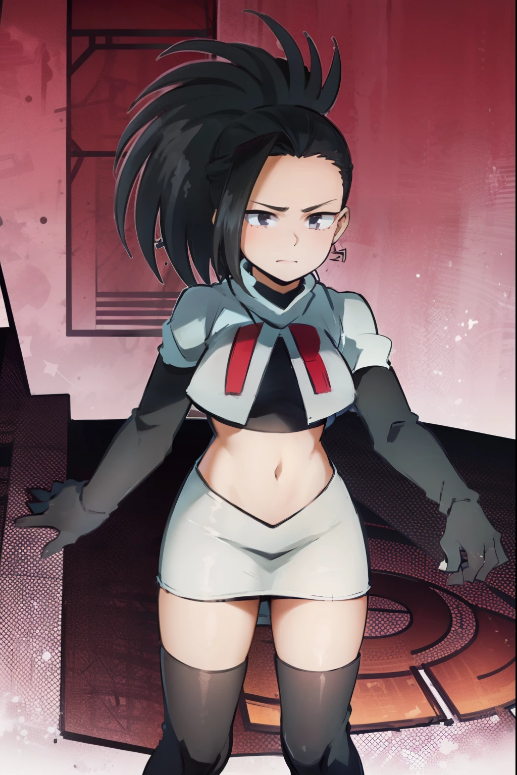 masterpiece, best quality, yaoyorozu momo, 1girl, black eyes, black hair, ponytail, long hair, hair pulled back,team rocket,team rocket uniform, red letter R, white skirt,white crop top,black thigh-highs,black elbow gloves