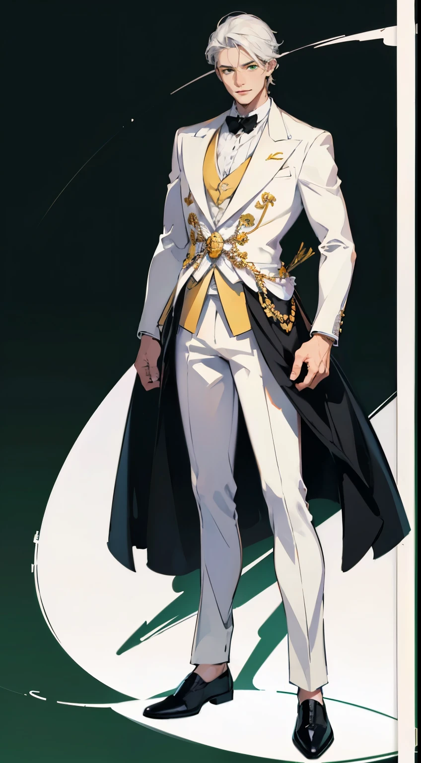 ((masterpiece,best quality,8k,highres)),((character concept art)), 1 male, young adult, King, 200cm tall, gentle smile, warm smile, incredible body build, model body shape, ultra finely detailed eyes (green eyes colour), intricate details, short hair (white hair colour), super finely detailed hands, ultra finely detailed fingers(((ten finger))), stylish white suit, black tie, white shoes, standing still, full body showcase, (show full body), (no logos on background), (no logo), ((plain background)), ((plain background)), (((empty background)))
