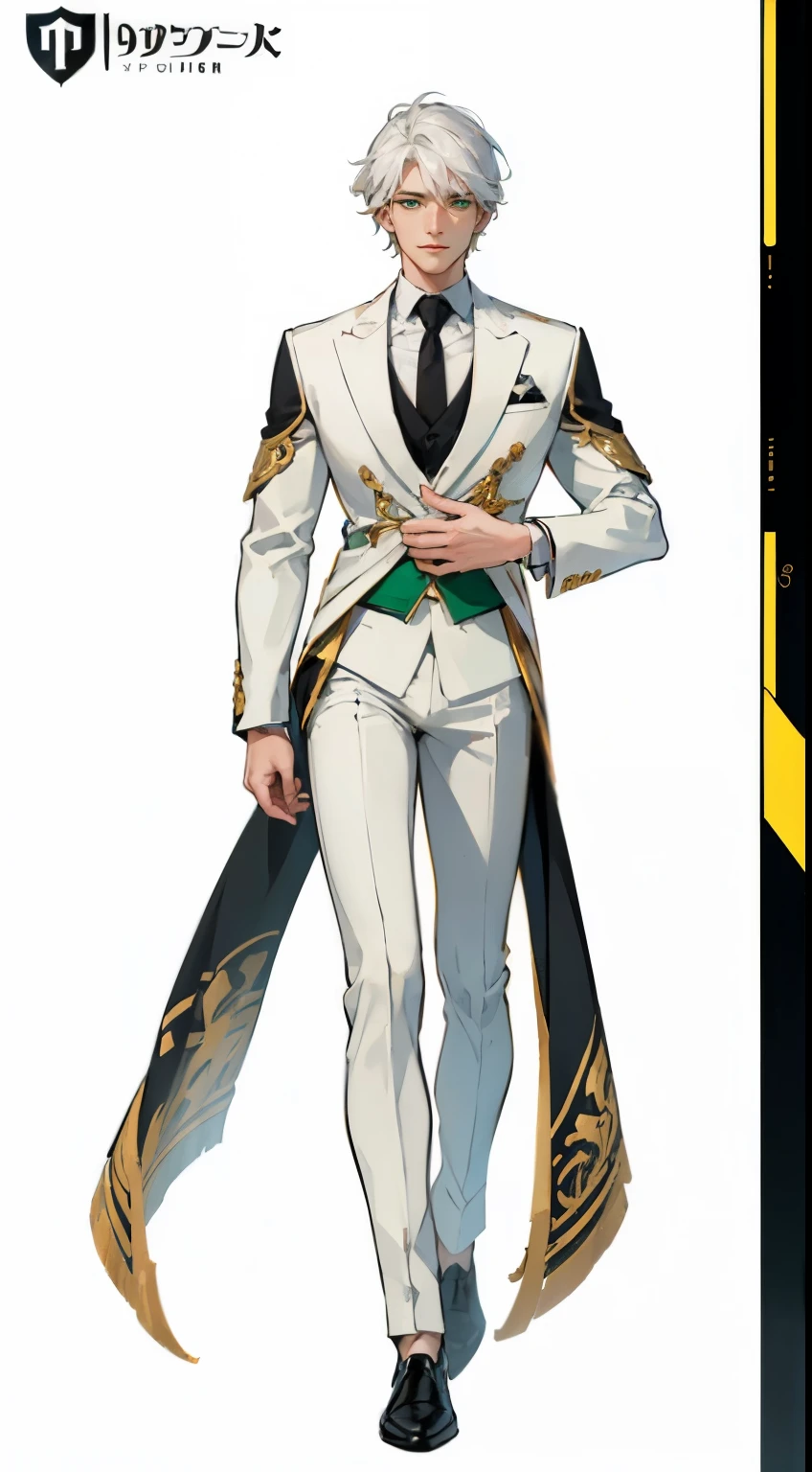 ((masterpiece,best quality,8k,highres)),((character concept art)), 1 male, young adult, King, 200cm tall, gentle smile, warm smile, incredible body build, model body shape, ultra finely detailed eyes (green eyes colour), intricate details, short hair (white hair colour), super finely detailed hands, ultra finely detailed fingers(((ten finger))), stylish white suit, black tie, white shoes, standing still, full body showcase, (show full body), (no logos on background), (no logo), ((plain background)), ((plain background)), (((empty background)))