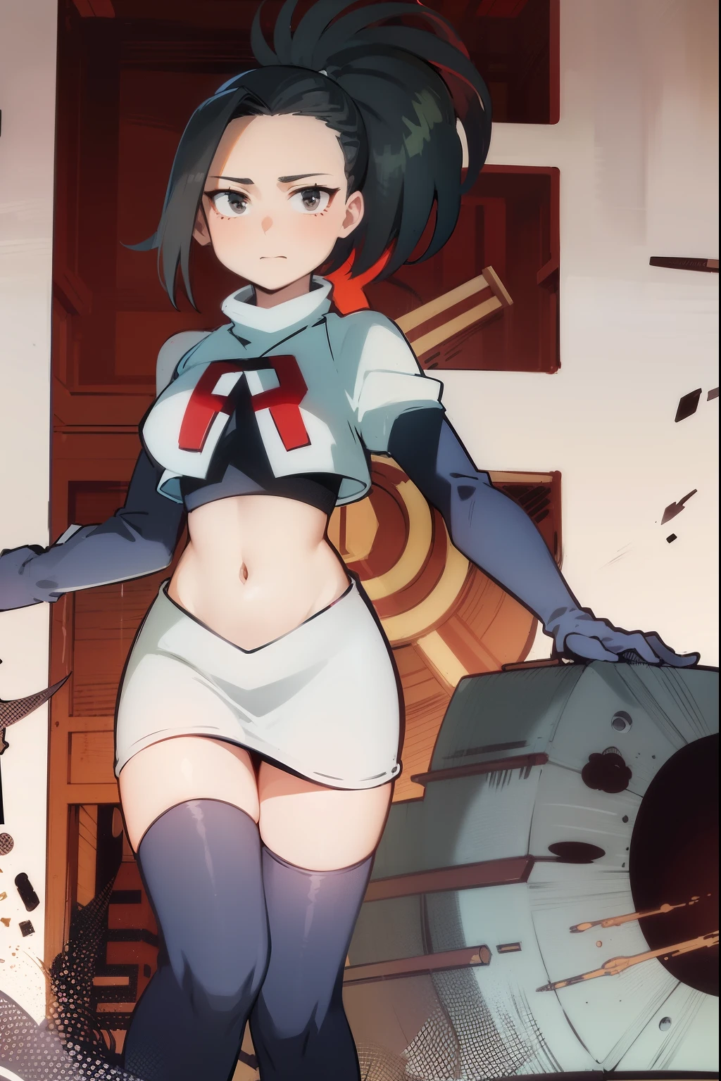 masterpiece, best quality, yaoyorozu momo, 1girl, black eyes, black hair,  ponytail, long hair, hair pulled back,team rocket,team rocket uniform, red letter R, white skirt,white crop top,black thigh-highs,black elbow gloves