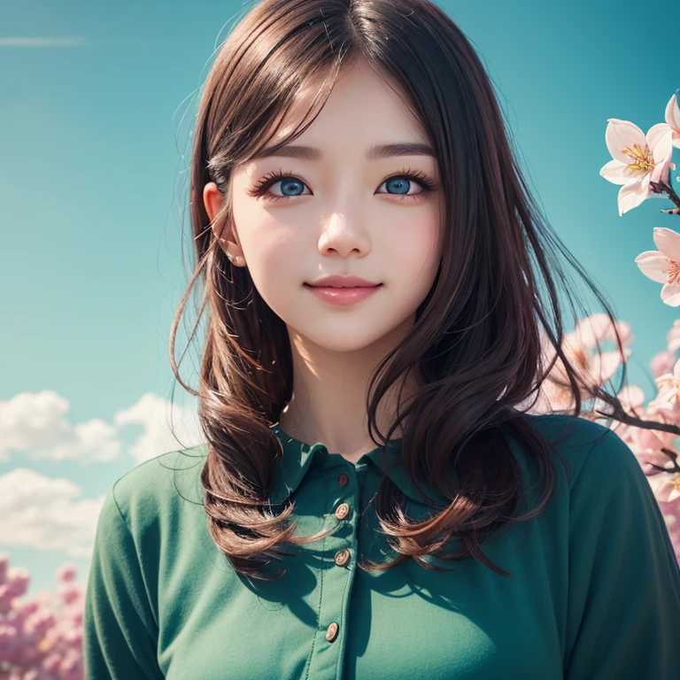 MKSK, tmasterpiece, Best quality at best, illustratio, close up, Straight Forward, sface focus, ssmile, Colorful, blossoms, Green sky, Cloud sky, Beautiful eyes girl,
