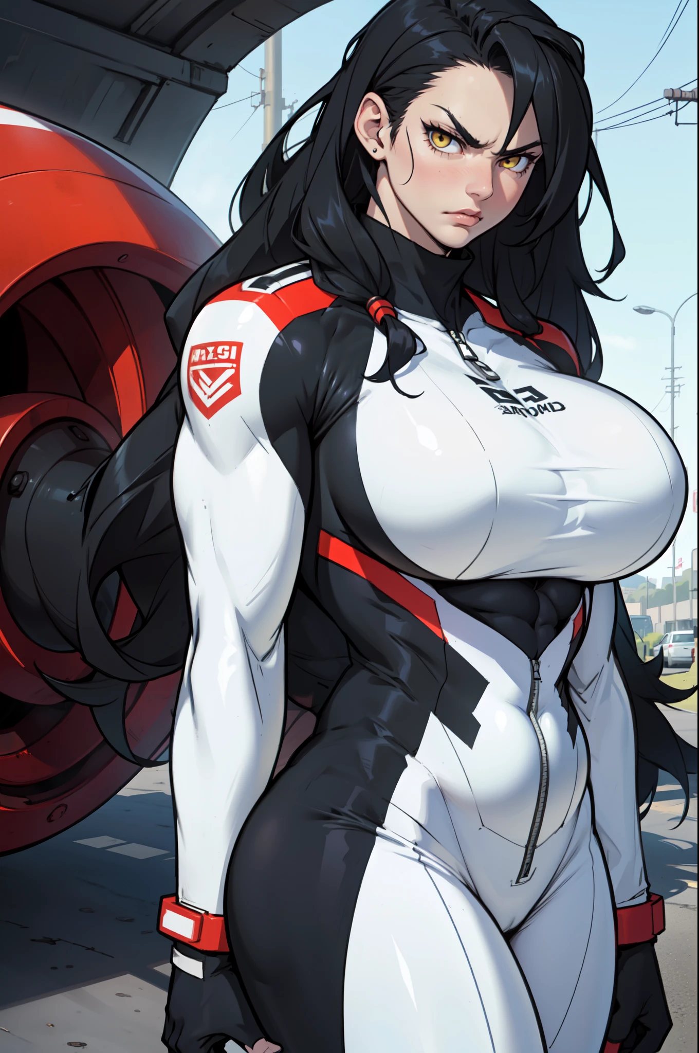 angry girl pale skin (((((muscular girl))))) ((((thick)))) (((huge breasts))) pilot suit bodysuit black hair yellow eyes very long hair very long hair very long hair