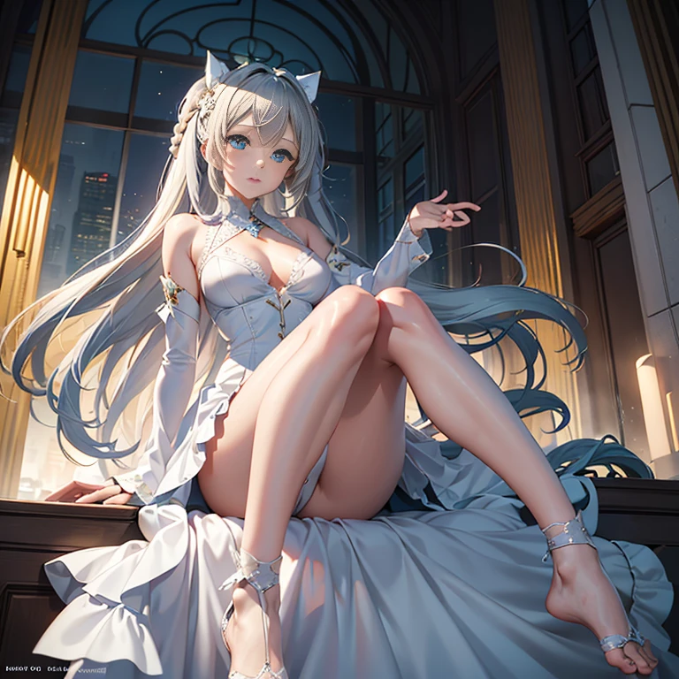 hatsune Miku、(ultra Realistic), (An illustration), (Highres), (8K), (highlydetailed), (the best illustration), (Beautiful Detailed Eyes), (beste Quality), (Super Detailed), (Master peace), (Wallpapers), (Detailed Face), solo, 1girl, Aristocratic dresses、White hair, Iris heterochromatic eyes, small moles under eye, medium chest, Long legs,Stunning composition,Foot braids,Beautiful and detailed legs