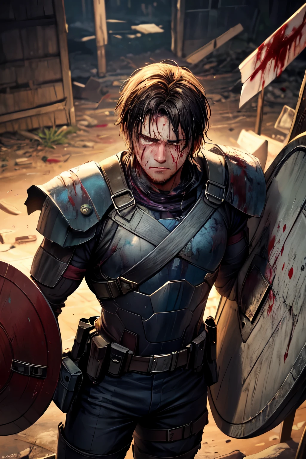 "Generate an image that represents a super soldier exhausted after fighting zombies. His clothes are soaked in blood, torn and damaged. He holds a shield that also shows signs of intense fighting. The expression on his face must reflect fatigue and determination after facing the zombie horde."