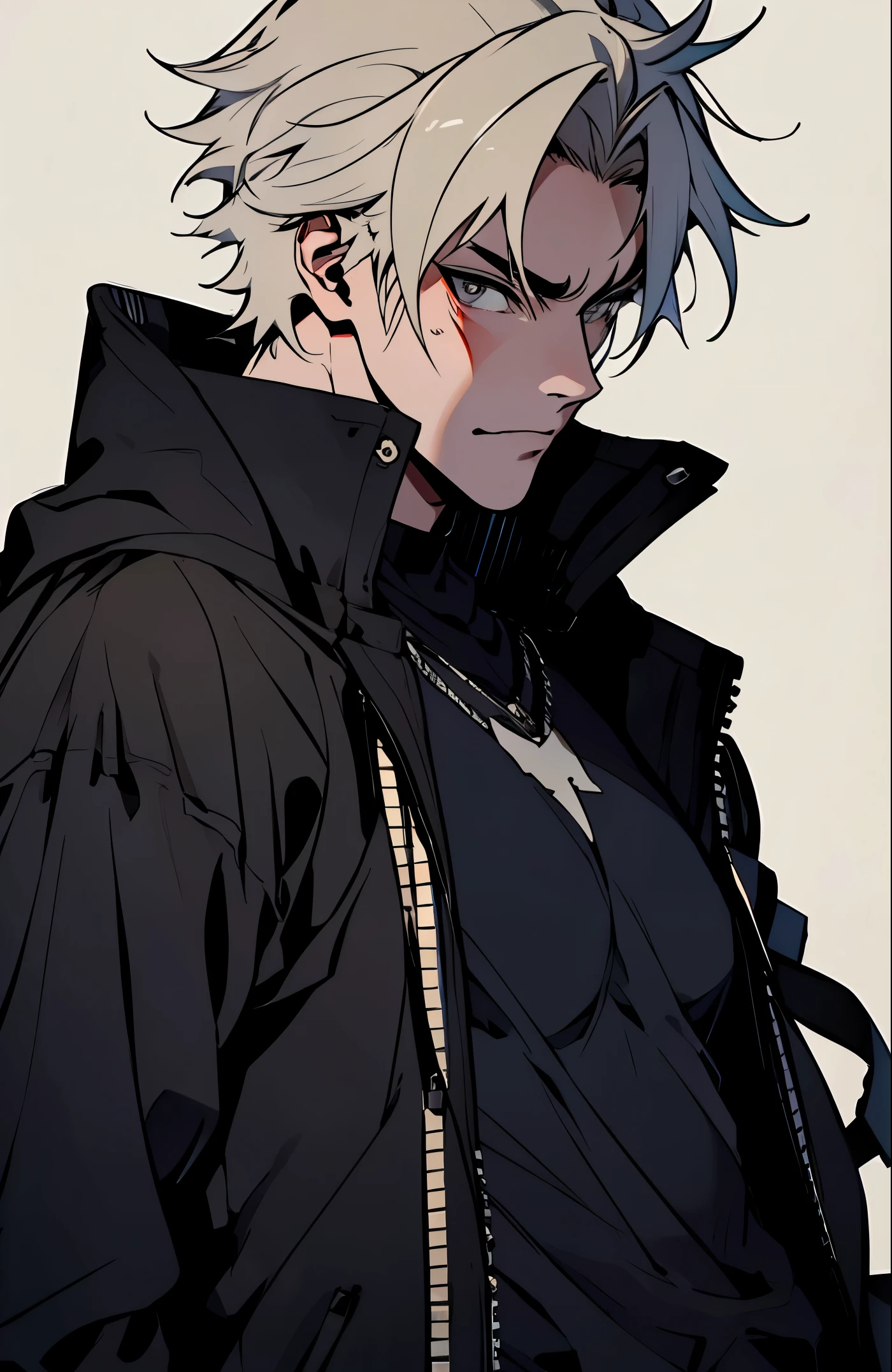 A young man with a tough yet stylish look, around early twenties, standing confidently. He has medium-length, slightly messy silver hair with a sharp undercut, adding to his edgy appearance. His eyes are a striking shade of dark red, giving him an intense, almost rebellious gaze. Kenji wears a black hoodie layered under a leather jacket, along with silver chains around his neck and earrings in one ear, giving off a streetwise, defiant vibe. His pose is casual but guarded, hinting at his strong-willed personality.