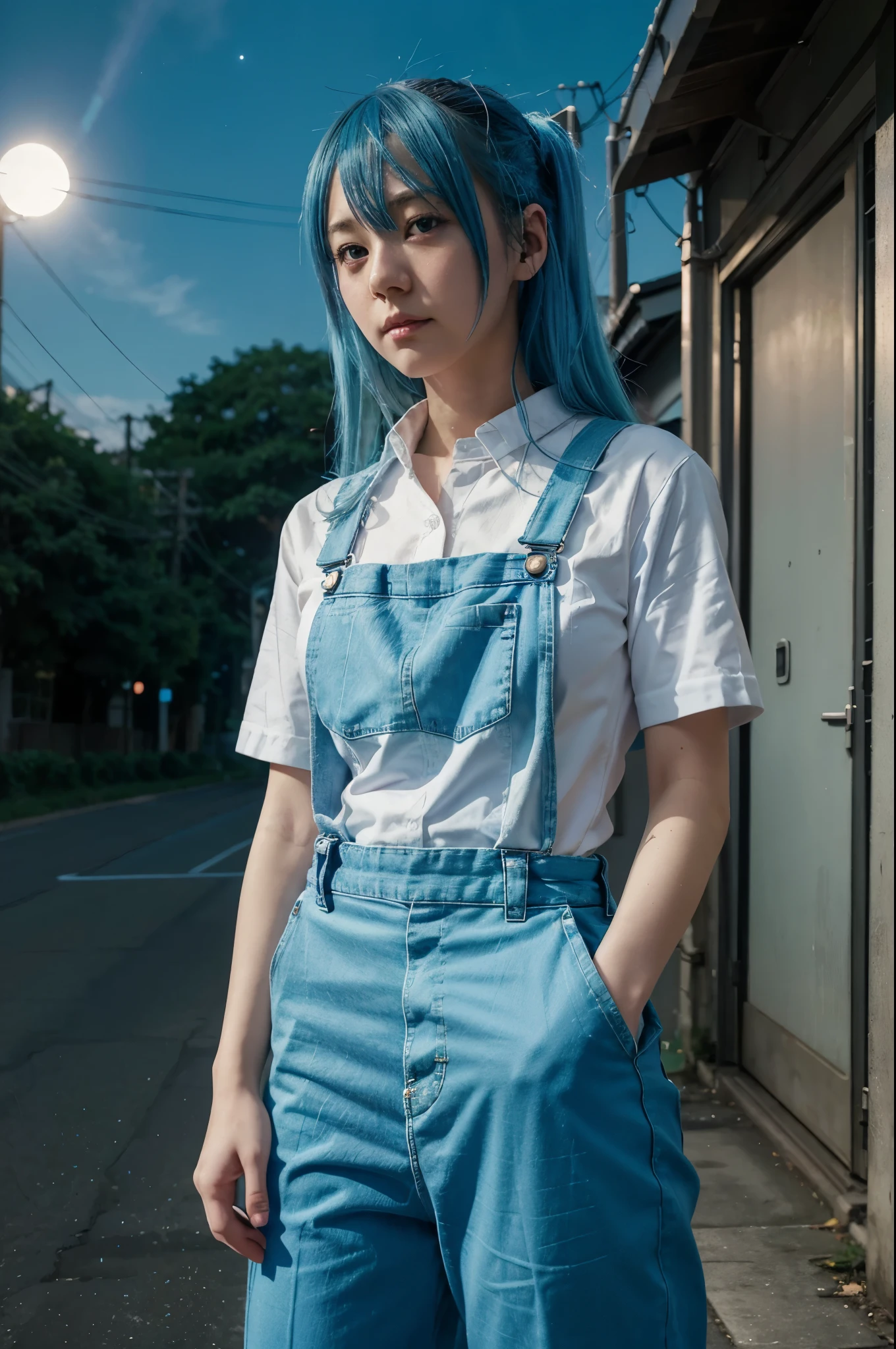 a cartoon girl with blue hair and a white shirt and blue overalls, safebooru anime image, teal uniform, rei hiroe, official art, nighttime!!, gelbooru anime image, wataru kajika, inspired by Puru, official character art, anime girl named lucy, inspired by Un'ichi Hiratsuka, hannah yata