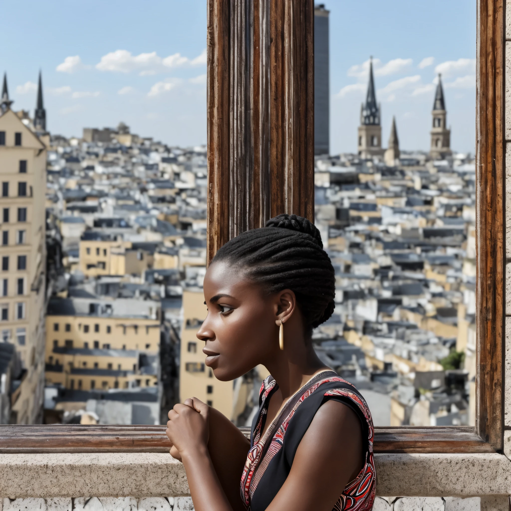 Une femme africaine noire belle assise près de la fenêtre regarde pensivement les rues qui défilent. Ses yeux, empreints d'une lueur mélancolique, captent des moments fugaces tandis que le bus avance, transportant à la fois son corps et son esprit dans un voyage silencieux à travers la ville. --auto --s2