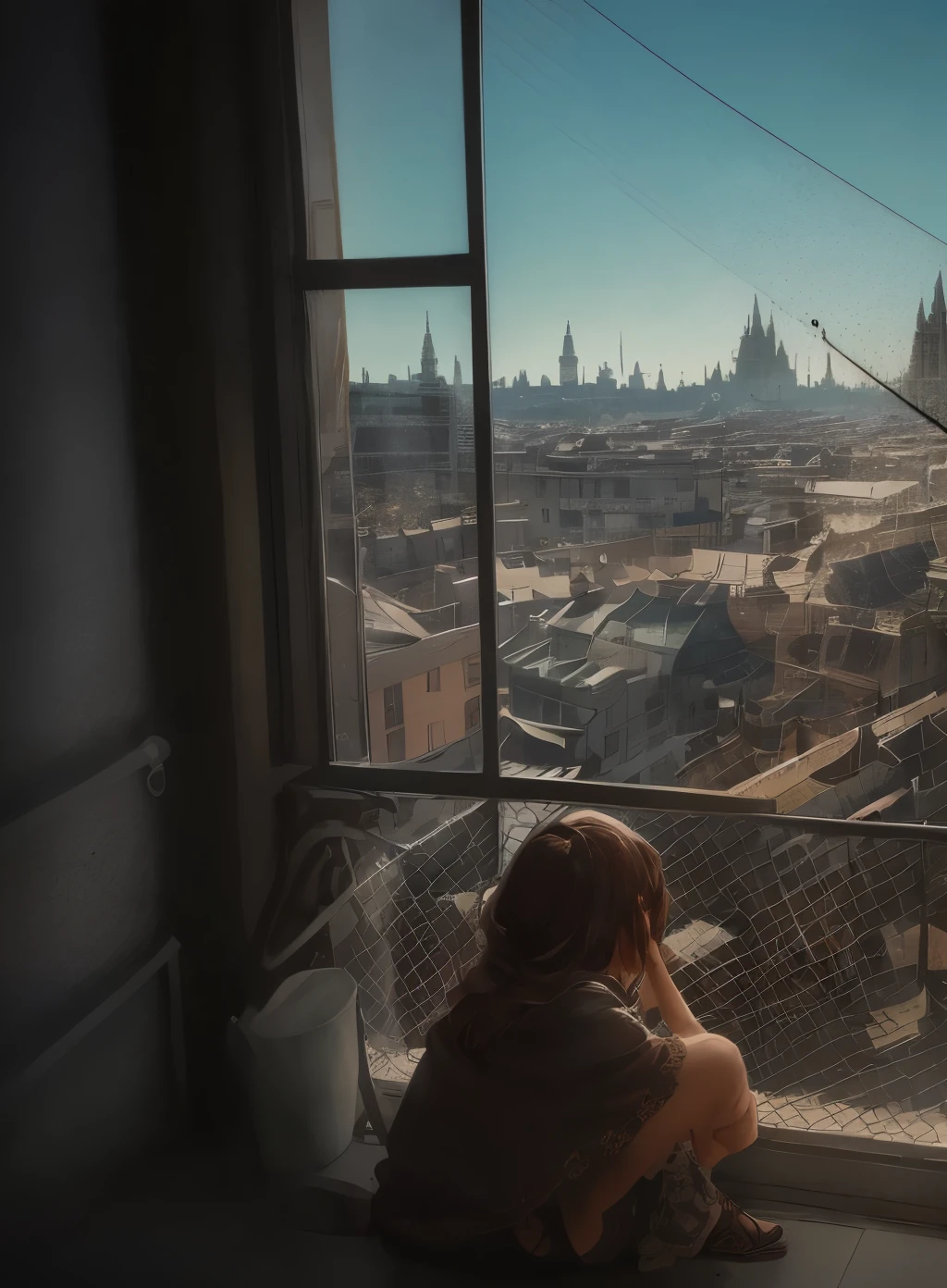 Une femme assise près de la fenêtre regarde pensivement les rues qui défilent. Ses yeux, empreints d'une lueur mélancolique, captent des moments fugaces tandis que le bus avance, transportant à la fois son corps et son esprit dans un voyage silencieux à travers la ville. --auto --s2