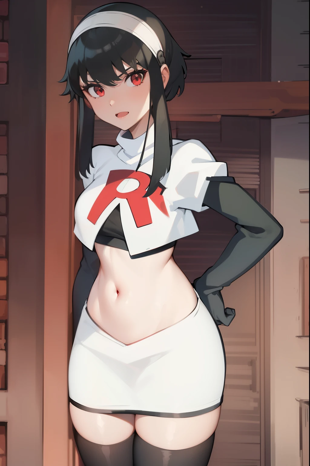 yor, 1girl, black hair, red eyes, black hair, short hair, short hair with long locks, bangs, sidelocks, white hairband,team rocket,team rocket uniform, red letter R, white skirt,white crop top,black thigh-highs,black elbow gloves