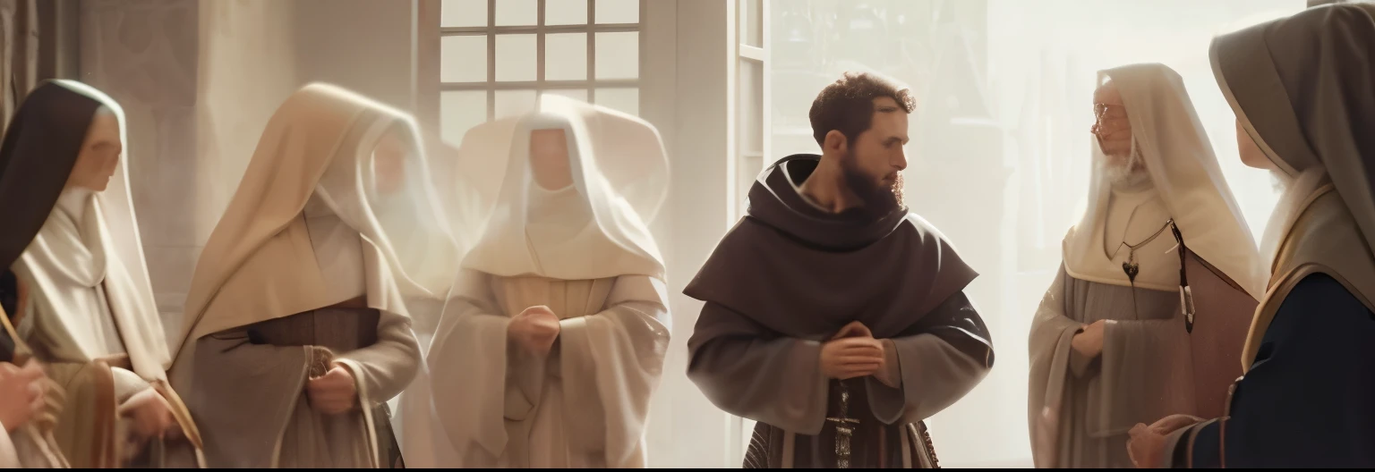 um grupo de pessoas vestidas de freiras em uma sala, wearing Vestidos Castanhos, inspirado em Petrus Christus, inspired Directed by: Geertgen tot Sint Jans, vestes religiosas, monge, monges, monge clothes, Vestidos Castanhos, two hovering twin nuns, pontifex, vestindo vestes jedi marrons, wearing flowing robes, a christian jedi, Directed by: Geertgen tot Sint Jans