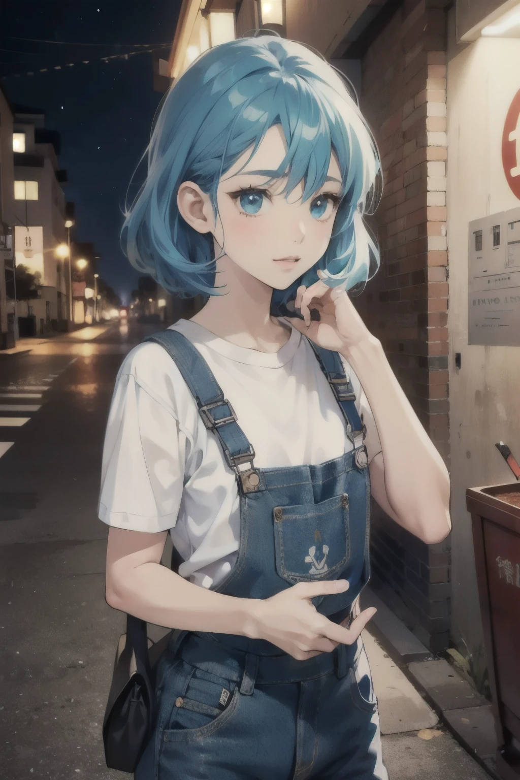 a cartoon girl with blue hair and a white shirt and blue overalls, safebooru anime image, teal uniform, rei hiroe, official art, nighttime!!, gelbooru anime image, wataru kajika, inspired by Puru, official character art, anime girl named lucy, inspired by Un'ichi Hiratsuka, hannah yata