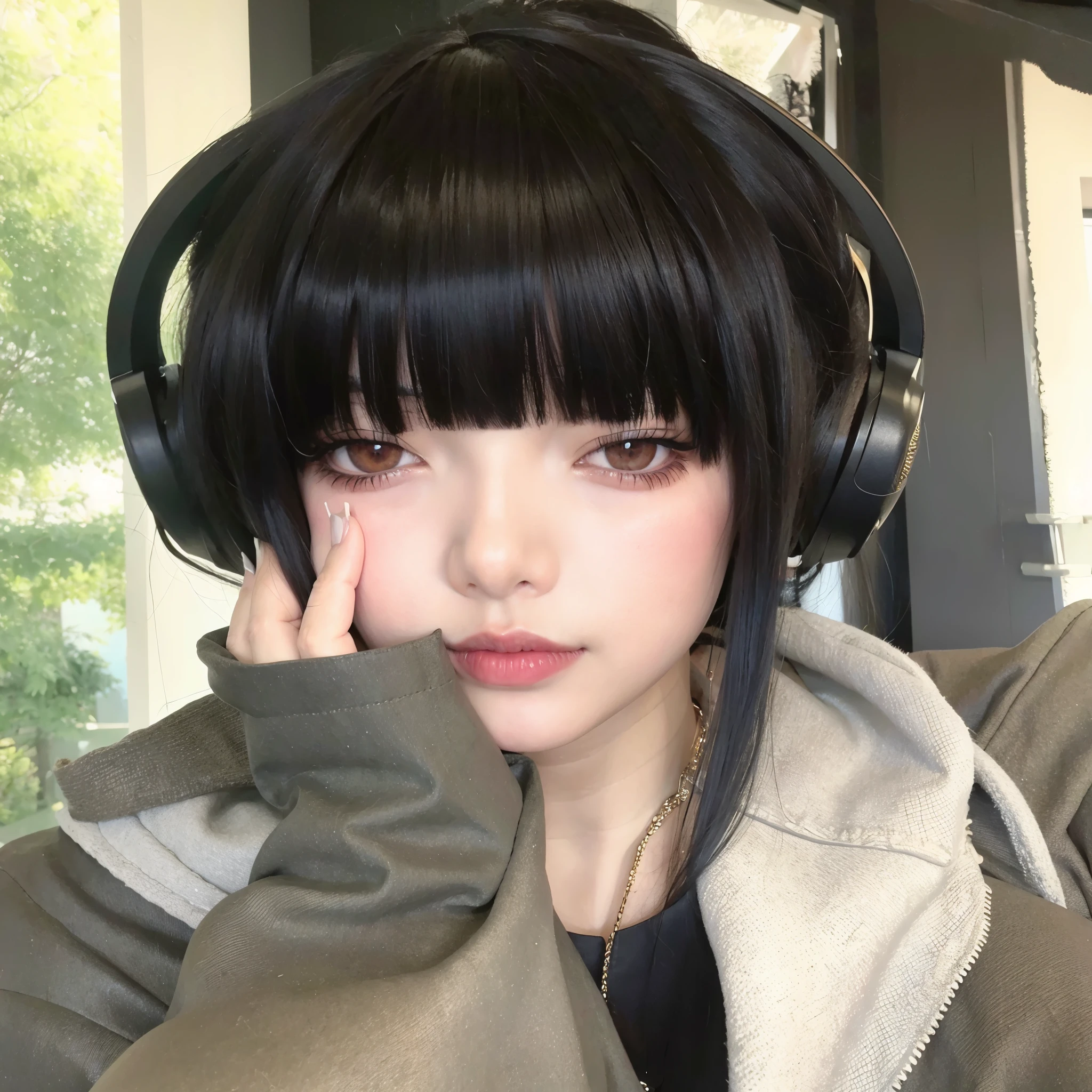 un primer plano de una persona con auriculares puestos y una chaqueta, cruel korean goth girl, Ella tiene el pelo negro con flequillo, Cabello negro Hime cortado, 1 7 -  - old me goth girl, Chica de anime en la vida real, El Corte Hime, ulzzang, goth girl aesthetic, con flequillo completo, vibraciones de anime, flequillo negro, e-chica, E - Chica
