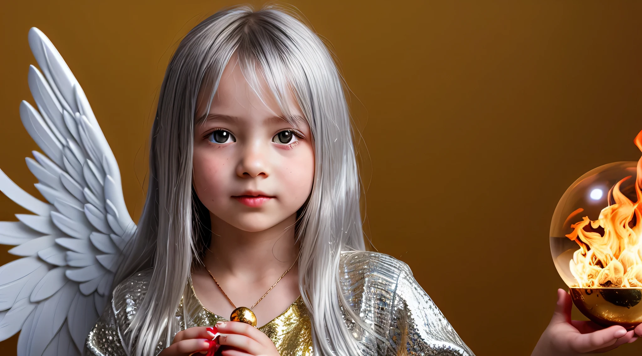 SILVER HAIR KIDS GOLDEN ANGEL GIRL with a flaming crystal ball in her hand. fundo vermelho